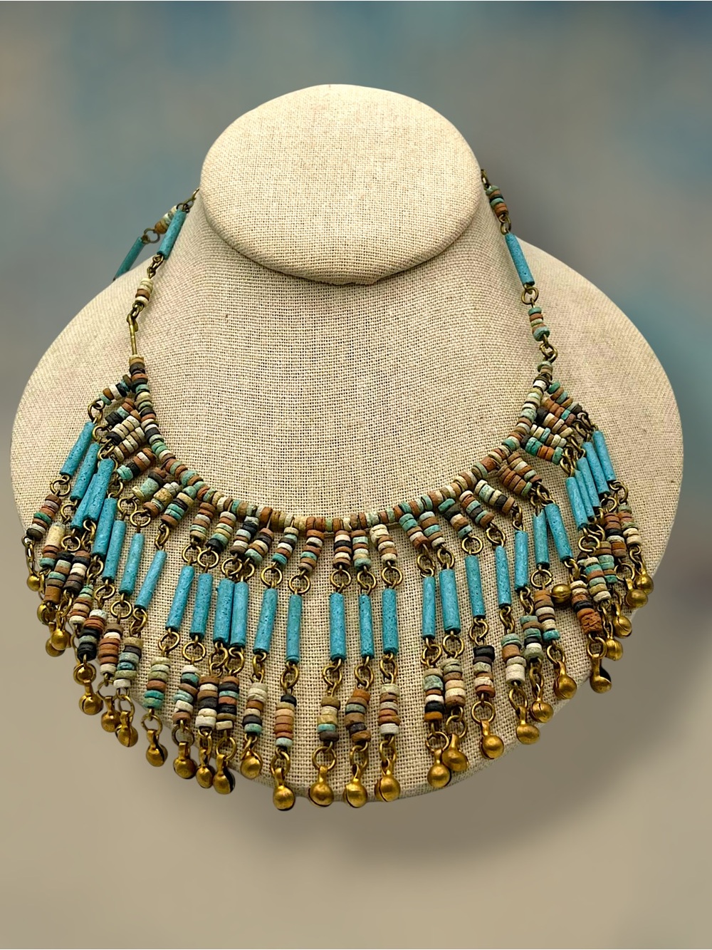 Vtg Egyptian Revival Faience Bead Collar Necklace Brass Fringe Boho Statement